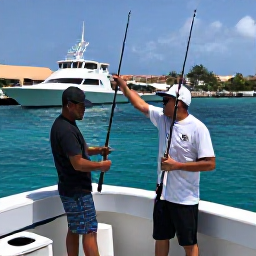 Caribbean Holidays, Curacao Fishing, Friendly fishing charter crew preparing rods and tackle on a boat in a Cura&ccedil;ao marina