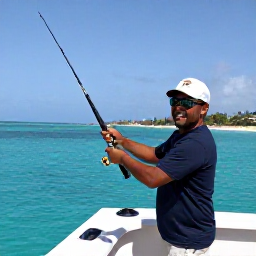 Caribbean Holidays, Cura&ccedil;ao Fishing June, A friendly local fishing guide helping an angler on a modern boat off the Cura&ccedil;ao coast, turquoise water and distant shoreline