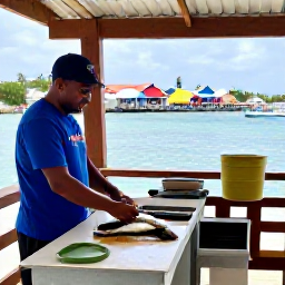Caribbean Holidays, Cura&ccedil;ao Fishing June, Freshly caught fish being prepared at a simple seaside restaurant in Cura&ccedil;ao, colourful buildings and harbour views