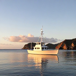 Caribbean Holidays, Curacao Fishing May, A small sport-fishing boat leaving Cura&ccedil;ao harbour at sunrise, calm Caribbean water and rugged coastline in the background