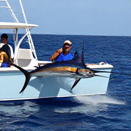 Caribbean Holidays, Curacao Fishing May, Anglers fighting a powerful blue marlin from a charter boat off the coast of Cura&ccedil;ao, with spray and open blue sea