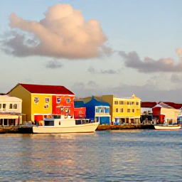 Caribbean Holidays, Curacao Fishing May, Cura&ccedil;ao waterfront at golden hour with colourful buildings, fishing boats and calm Caribbean water