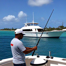 Caribbean Holidays, Curacao Fishing May, Friendly fishing crew preparing rods and tackle on a modern charter boat near Cura&ccedil;ao, tropical island visible behind them
