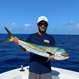 Caribbean Holidays, Curacao Fishing May, Relaxed angler holding a fresh mahi-mahi beside a fishing boat in Cura&ccedil;ao, bright sea and clear sky
