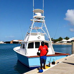 Caribbean Holidays, Cura&ccedil;ao Fishing November, Friendly local fishing skipper preparing rods and tackle on a shaded charter boat in a Cura&ccedil;ao marina