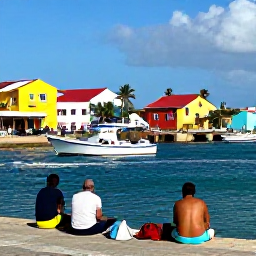 Caribbean Holidays, Cura&ccedil;ao Fishing November, Travellers relaxing beside a Cura&ccedil;ao fishing harbour after a boat trip, colourful buildings, palm trees and calm turquoise water