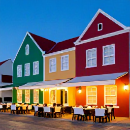 Caribbean Holidays, Cura&ccedil;ao Holidays, A friendly evening scene in Willemstad with colourful historic buildings, outdoor tables and local Caribbean food