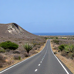 Caribbean Holidays, Cura&ccedil;ao Holidays, A scenic road through Cura&ccedil;ao's dry countryside with cacti, rugged hills and the Caribbean sea in the distance