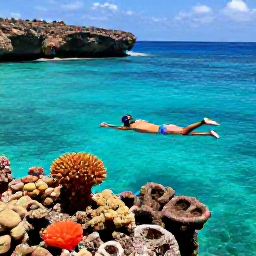 Caribbean Holidays, Cura&ccedil;ao Holidays, A snorkeller exploring clear Cura&ccedil;ao water above colourful coral and tropical fish near a rocky bay