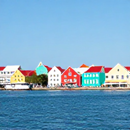 Caribbean Holidays, Cura&ccedil;ao Holidays, A wide view of Cura&ccedil;ao's colourful Willemstad waterfront with pastel Dutch colonial buildings, blue Caribbean water and bright sunshine