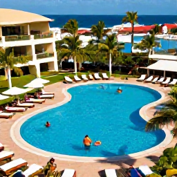 Caribbean Holidays, Cura&ccedil;ao Holidays July, Relaxed Cura&ccedil;ao all-inclusive resort pool with sun loungers, tropical gardens and guests enjoying a summer holiday