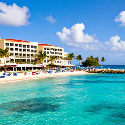 Caribbean Holidays, Cura&ccedil;ao Holidays July, Sunny all-inclusive resort beside a turquoise Caribbean sea in Cura&ccedil;ao, with palm trees and relaxed holidaymakers