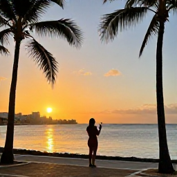 Caribbean Holidays, Cura&ccedil;ao Holidays October, Relaxed solo traveller enjoying a sunset drink beside the sea in Cura&ccedil;ao, with palm trees, warm evening light and Willemstad in the distance
