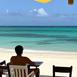 Caribbean Holidays, Cura&ccedil;ao Holidays October, Solo traveller sitting at a beach caf&eacute; overlooking the clear turquoise water and sandy shore of Playa Kenepa in Cura&ccedil;ao