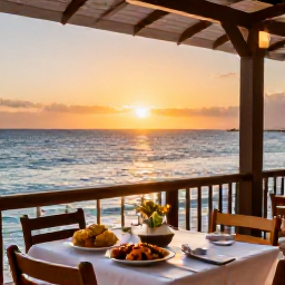 Caribbean Holidays, Curacao Holidays, Relaxed beachfront restaurant in Curacao at sunset with tables, local dishes and a view across the Caribbean Sea
