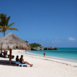 Caribbean Holidays, Cura&ccedil;ao Holidays, Visitors relaxing on a sheltered white-sand beach in Cura&ccedil;ao, with turquoise sea, rocky coastline and palm trees