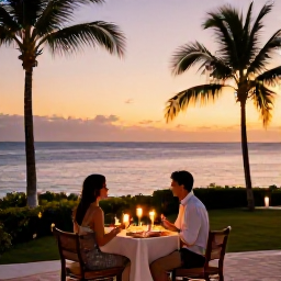 Caribbean Holidays, Cura&ccedil;ao Honeymoons, Candlelit dinner for two on a Cura&ccedil;ao waterfront terrace at sunset, with palm trees and calm sea beyond