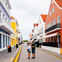 Caribbean Holidays, Cura&ccedil;ao Honeymoons, Colourful historic buildings and waterfront in Willemstad, Cura&ccedil;ao, with a honeymoon couple exploring the streets
