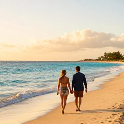Caribbean Holidays, Cura&ccedil;ao Honeymoons, Couple walking hand in hand along a quiet Cura&ccedil;ao beach at sunset, turquoise sea and warm golden light