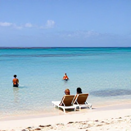 Caribbean Holidays, Cura&ccedil;ao Honeymoons, Romantic secluded cove in Cura&ccedil;ao with two sun loungers, clear blue water and a couple swimming near the shore