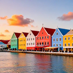 Caribbean Holidays, Cura&ccedil;ao in April, Colourful Willemstad waterfront in Cura&ccedil;ao at sunset, with pastel buildings, calm harbour water and outdoor caf&eacute; tables