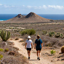 Caribbean Holidays, Curacao in April, Couple hiking through Curacao's dry landscape with cacti, rocky hills and distant blue sea