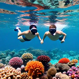 Caribbean Holidays, Curacao in April, Couple snorkelling together in clear turquoise water above a colourful coral reef near Curacao