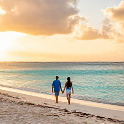 Caribbean Holidays, Curacao in April, Couple walking hand in hand along a quiet Curacao beach at sunset, with turquoise water and warm evening light