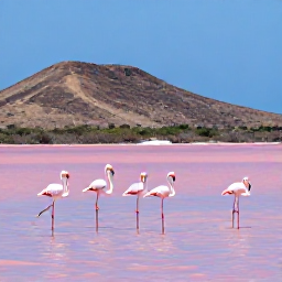 Caribbean Holidays, Cura&ccedil;ao in April, Flamingos standing in a shallow pink-tinted salt lake at Jan Kok, Cura&ccedil;ao, with dry hills and blue sky