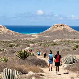 Caribbean Holidays, Cura&ccedil;ao in April, Hikers walking through Cura&ccedil;ao's dry landscape with cacti, rocky hills and views towards the blue Caribbean Sea