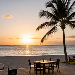 Caribbean Holidays, Cura&ccedil;ao in April, Relaxed Cura&ccedil;ao beach resort at sunset with warm golden light, calm sea, palm trees and outdoor dining