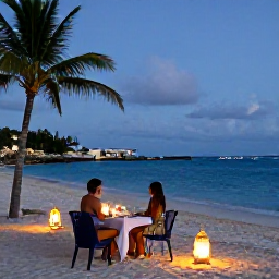 Caribbean Holidays, Curacao in April, Romantic beachfront dinner for two on Curacao with lanterns, tropical evening skies and the sea nearby