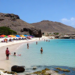 Caribbean Holidays, Cura&ccedil;ao in April, Travellers swimming and relaxing in a sheltered Cura&ccedil;ao cove with clear blue water, colourful umbrellas and rocky hills in the background