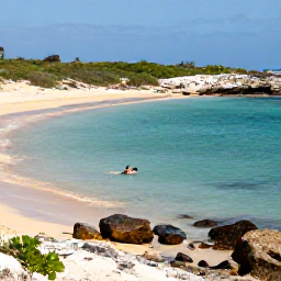 Caribbean Holidays, Cura&ccedil;ao in April, Visitor swimming in clear turquoise water at a sheltered Cura&ccedil;ao beach surrounded by golden sand and low green vegetation