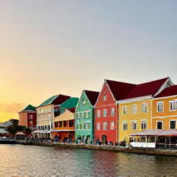 Caribbean Holidays, Cura&ccedil;ao in April, Willemstad waterfront at sunset with colourful Handelskade buildings, pedestrians and small local restaurants