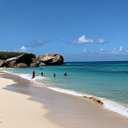 Caribbean Holidays, Cura&ccedil;ao in August, Quiet Cura&ccedil;ao beach in August with turquoise water, pale sand, snorkellers and rocky coastal scenery