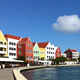 Caribbean Holidays, Cura&ccedil;ao in August, Willemstad waterfront in August with colourful Handelskade buildings, pedestrians, caf&eacute;s and a clear Caribbean sky
