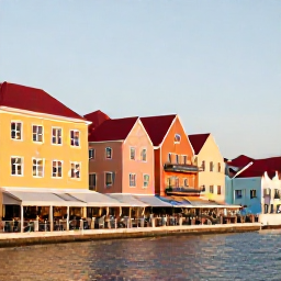 Caribbean Holidays, Cura&ccedil;ao in February, Colourful Willemstad waterfront in Cura&ccedil;ao at sunset with pastel buildings and people enjoying outdoor restaurants
