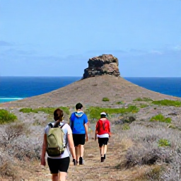 Caribbean Holidays, Cura&ccedil;ao in February, Hikers walking through Cura&ccedil;ao's dry scrub landscape towards a rocky viewpoint overlooking the Caribbean Sea