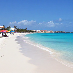 Caribbean Holidays, Cura&ccedil;ao in February, Sunny Cura&ccedil;ao beach in February with clear turquoise water, soft white sand, colourful beach umbrellas and a relaxed Caribbean atmosphere