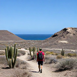 Caribbean Holidays, Cura&ccedil;ao in July, A hiker walking through Cura&ccedil;ao's dry landscape with tall cacti, rocky hills and distant blue sea under a clear sky