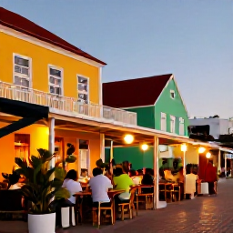 Caribbean Holidays, Cura&ccedil;ao in July, A relaxed outdoor caf&eacute; in Willemstad, Cura&ccedil;ao, with colourful buildings, tropical plants and visitors enjoying a July evening