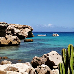 Caribbean Holidays, Cura&ccedil;ao in July, A sunny Cura&ccedil;ao coastline in July with calm turquoise water, rugged rocks, cacti and a small snorkelling boat