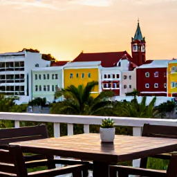 Caribbean Holidays, Cura&ccedil;ao in June, A relaxed outdoor table in Willemstad, Cura&ccedil;ao, overlooking colourful buildings and a warm evening sky