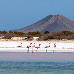 Caribbean Holidays, Cura&ccedil;ao in June, Flamingos standing in a shallow salt lake near Jan Kok in Cura&ccedil;ao, with dry scrub, mountains and a clear blue sky