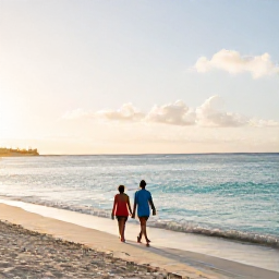 Caribbean Holidays, Cura&ccedil;ao in March, Couple walking along a bright Cura&ccedil;ao beach at sunrise, calm turquoise water and soft golden light