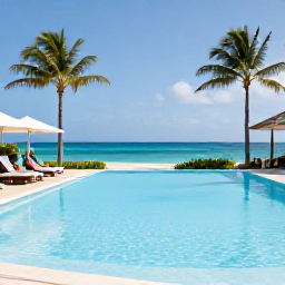 Caribbean Holidays, Cura&ccedil;ao in March, Elegant Cura&ccedil;ao resort pool overlooking the sea, tropical palms and a couple relaxing on sun loungers