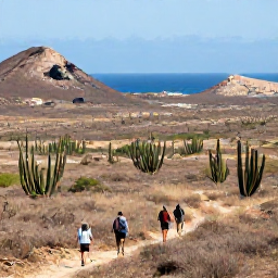 Caribbean Holidays, Cura&ccedil;ao in March, Hikers walking through Cura&ccedil;ao&rsquo;s dry countryside with tall cacti, rocky hills and distant sea views