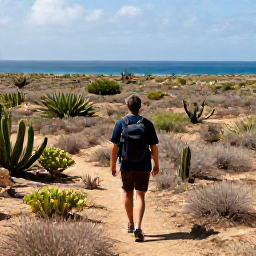Caribbean Holidays, Cura&ccedil;ao in May, A hiker walking through Cura&ccedil;ao's arid landscape with cacti, scrub and distant blue sea
