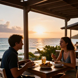 Caribbean Holidays, Cura&ccedil;ao in May, Couple dining outdoors at a relaxed Cura&ccedil;ao restaurant at sunset, tropical evening light and local Caribbean food